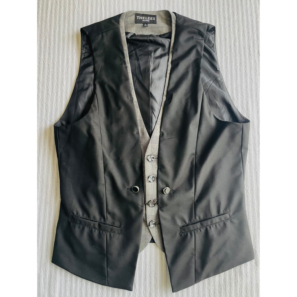 THELEES HOMME Men's Waistcoat Vest Black Glen Plaid Layered Formal Size Large